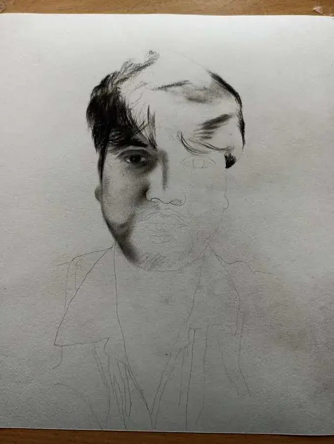 Charcoal portrait WIP by Deepak - studio process