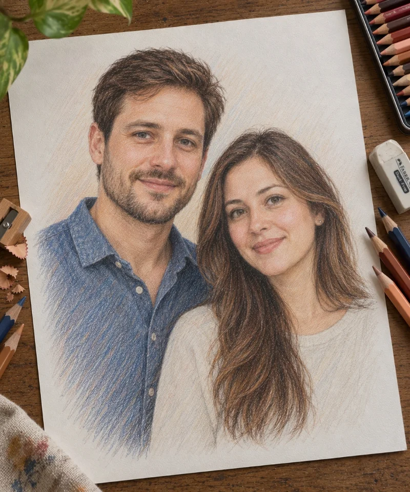 Handmade color pencil portrait of a couple from photo, drawn by Deepak's Art