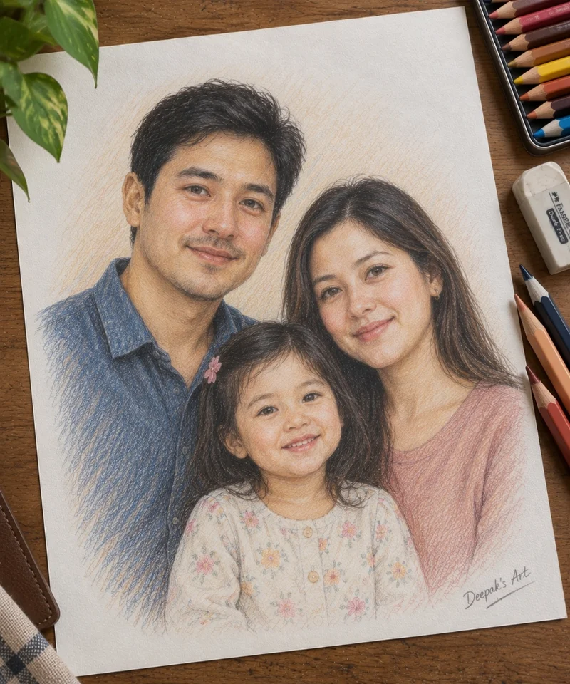 Color pencil portrait of family with baby, drawn by Deepak's Art