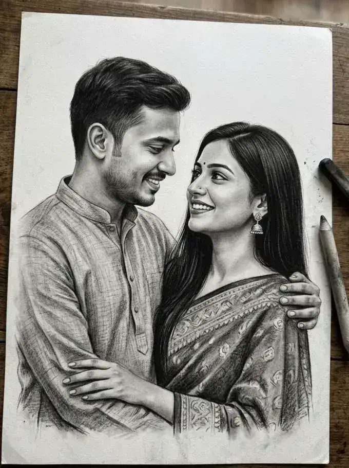Couple pencil sketch portrait by Deepak - portrait artist Delhi