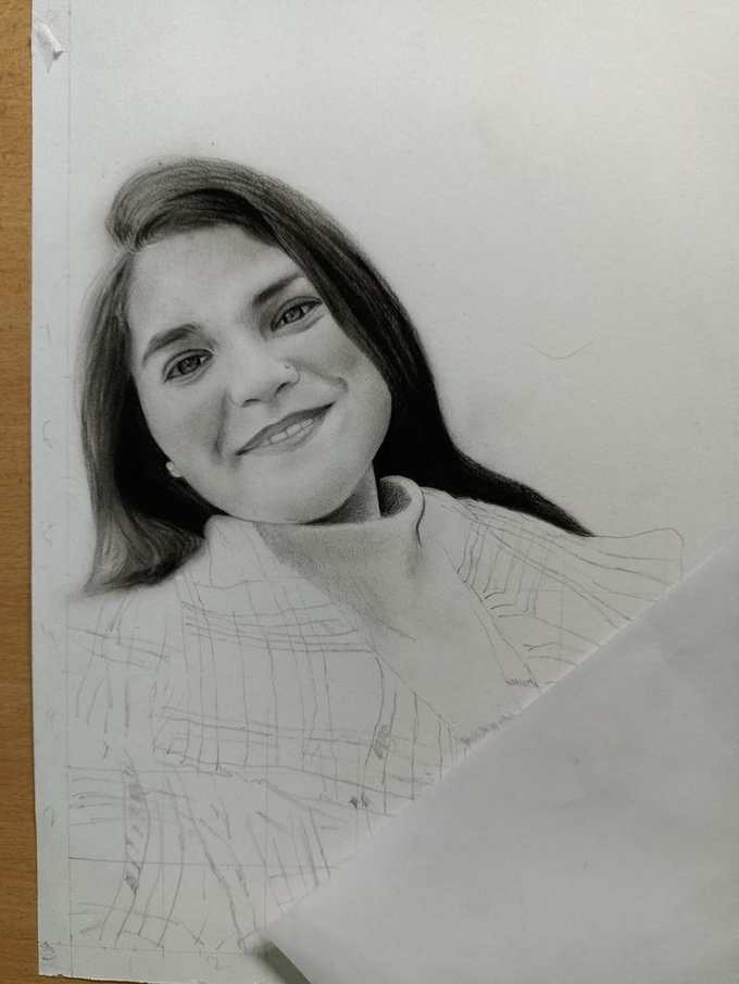 Female pencil portrait in progress by Deepak