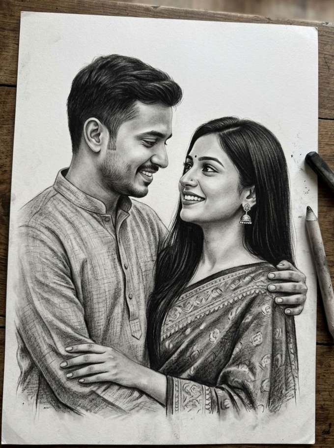 Pencil sketch wedding portrait of bride and groom