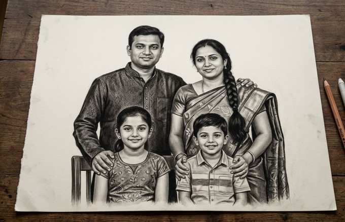 Indian family charcoal portrait by Deepak - portrait artist Patel Nagar Delhi