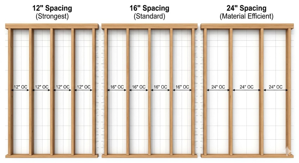 Comparison of wall stud spacing 12 vs 16 vs 24 inches on center